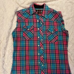 Vintage Plaid Flannel Vest with Print on Back One of a Kind